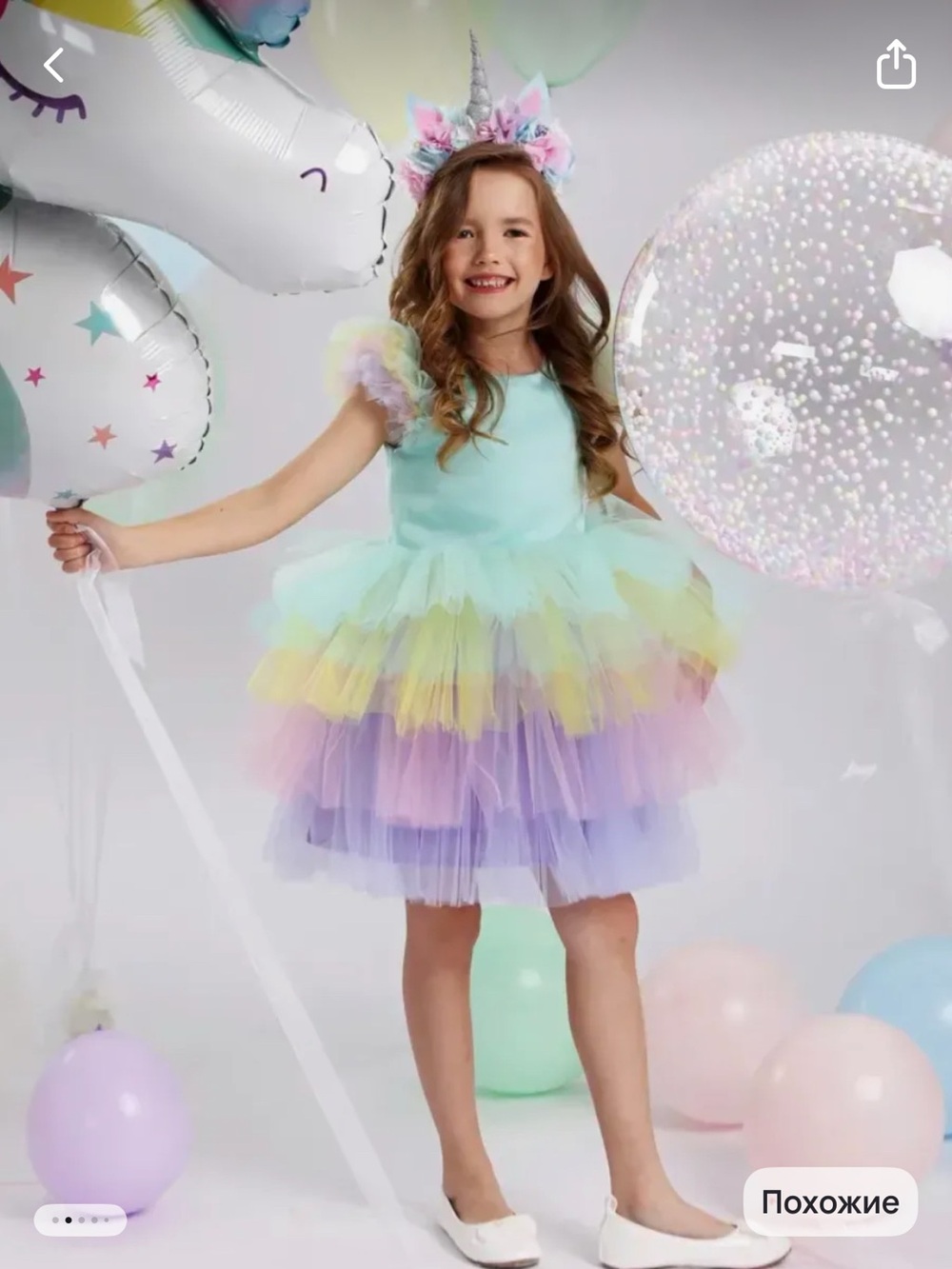 Girls Pastel Unicorn Tulle Dress Costume in Mint and Rainbow Layers